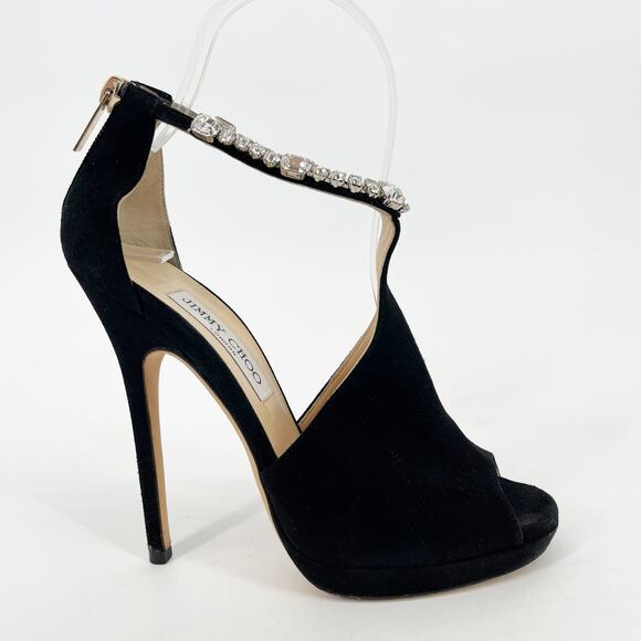 Jimmy Choo Farah Black Suede Crystal Trim Peep Toe Platform Pump Sandal IT 37.5 - Picture 2 of 11